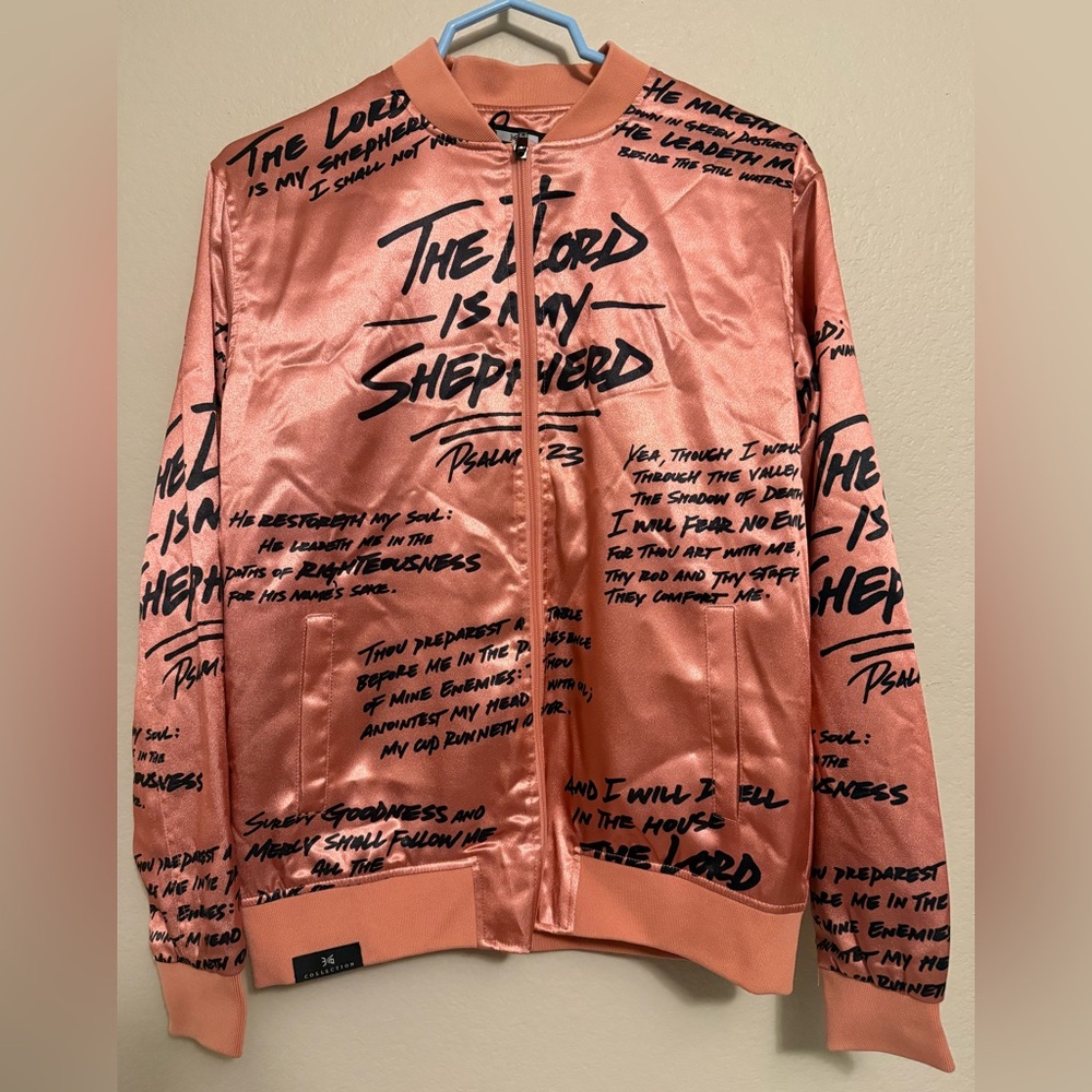 Satin Bomber Jacket with Script Print - Peach